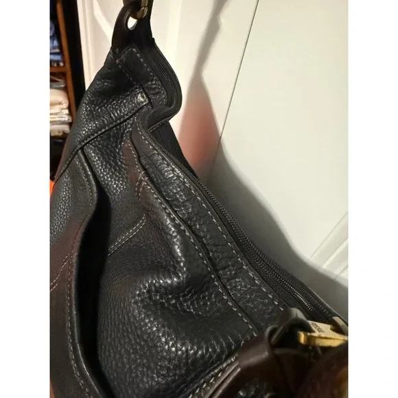 Fossil Black Leather Hobo Shoulder Bag Convertible Crossbody Brass Hardware
